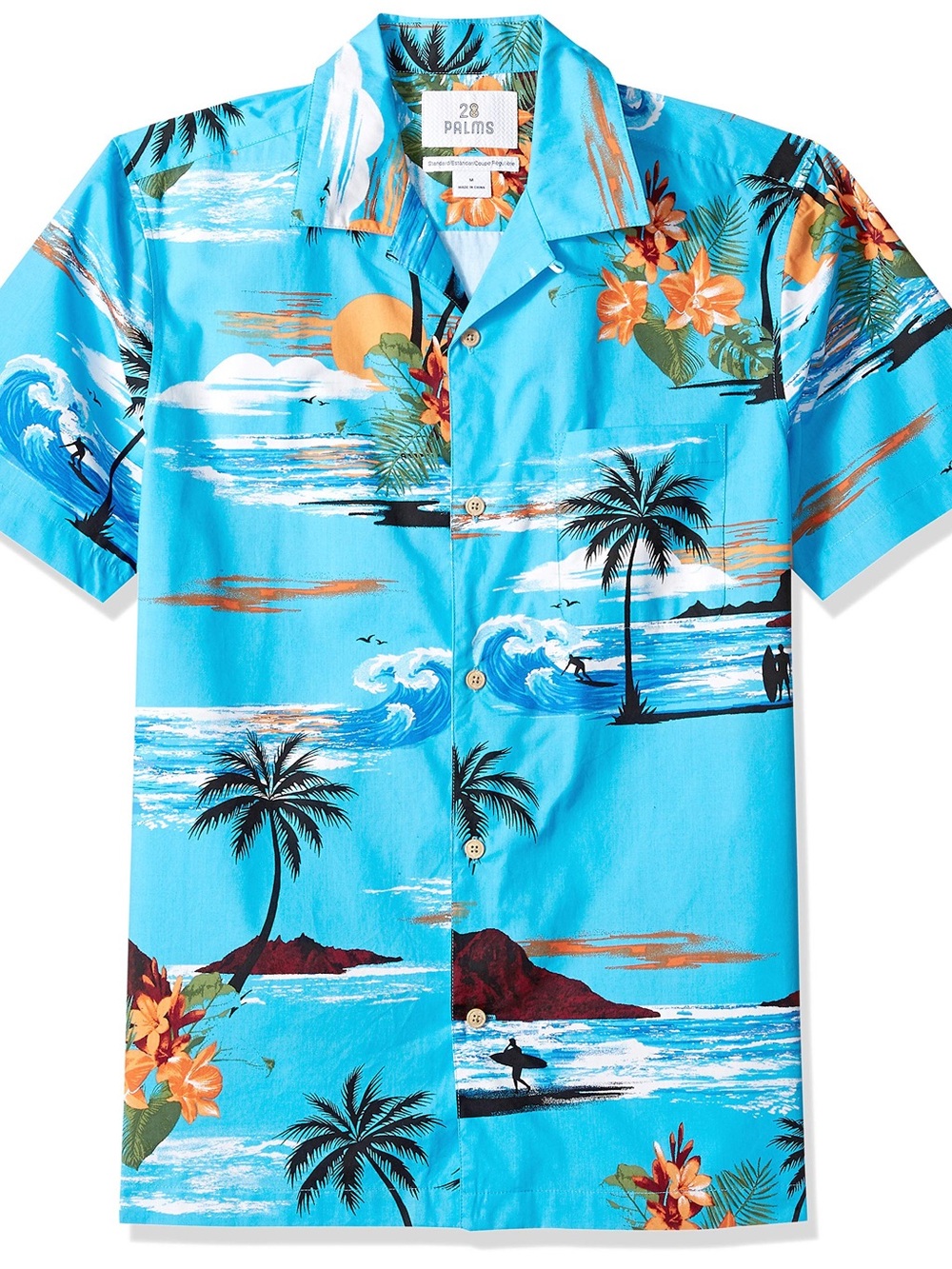 28 Palms Blue Hawaiian Aloha Tropical Beach Waves Surfer Print Button Down Top M